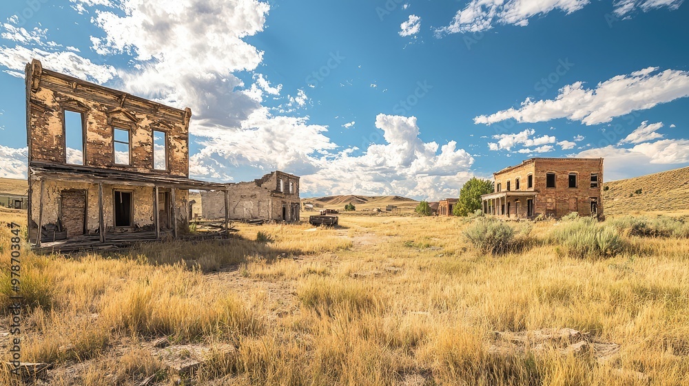 Scenic view of a deserted ghost town with weathered buildings and vast golden grassland under a bright blue sky. Scenic view of a deserted ghost town with weathered buildings and vast golden grassland under a bright blue sky.