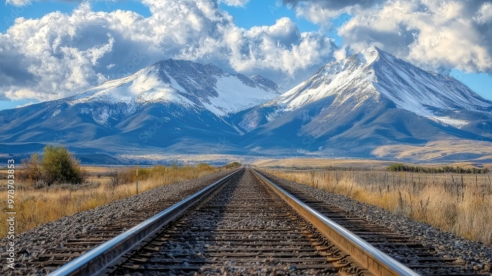 Fototapeta premium Scenic view of a railway track leading towards majestic snow-capped mountains under a blue sky filled with fluffy clouds.