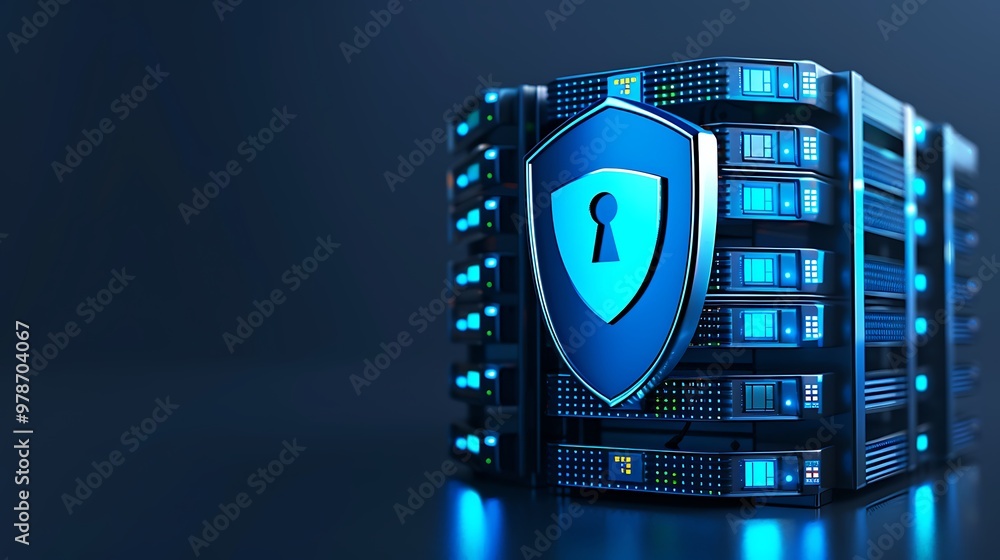 A modern data server with a security shield symbol, representing cybersecurity and data protection in a digital environment.