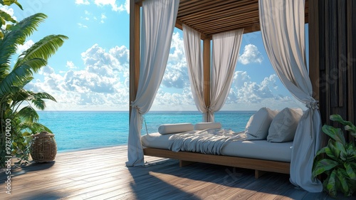 Serene beachfront lounging area with curtains, perfect for relaxation and enjoying the ocean view under a bright sky.