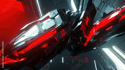 A futuristic abstract design featuring sharp, angular shapes with red and black lighting.