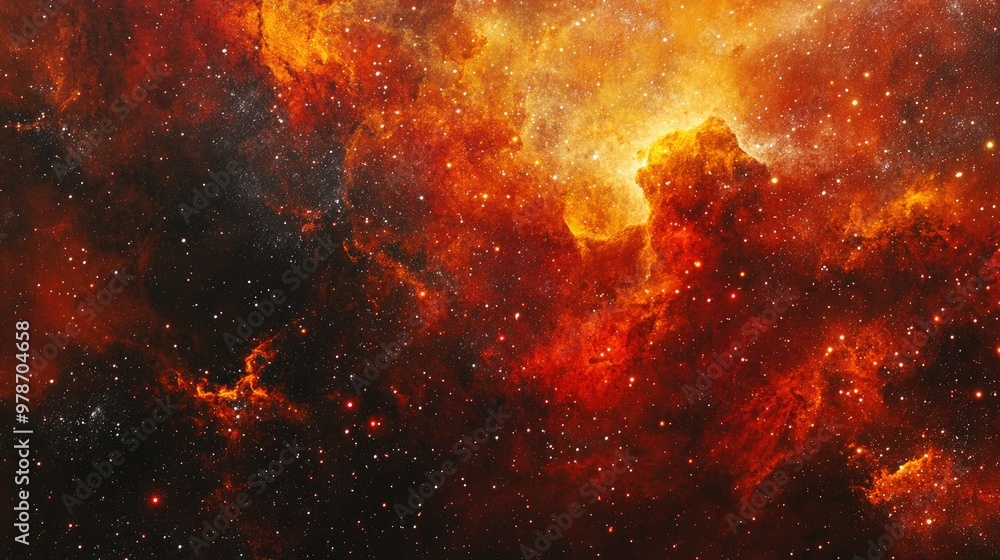 Fototapeta premium Abstract red and orange cosmic nebula with intense starbursts shining through, creating an otherworldly celestial landscape