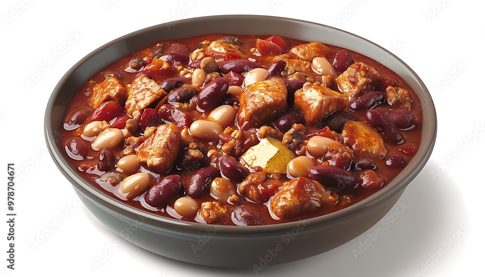 A bowl of chili with beans meat and spices isolated on a clean background emphasizing A bowl of chili with beans meat and spices isolated on a clean background emphasizing