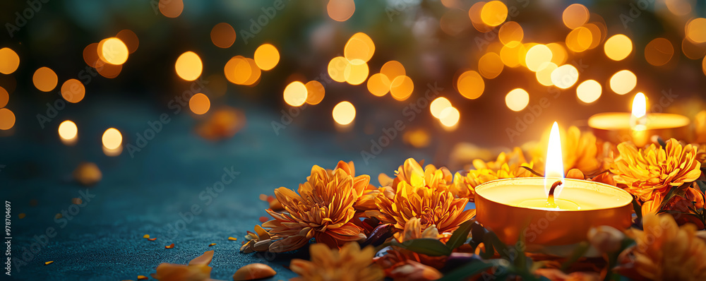 A serene candle glowing warmly amidst flowers, creating a peaceful ambiance with soft bokeh lights in the background. A serene candle glowing warmly amidst flowers, creating a peaceful ambiance with soft bokeh lights in the background.