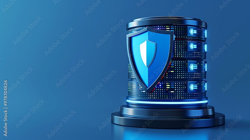 A modern database with a shield emblem symbolizing data security and protection against cyber threats, set on a blue background. A modern database with a shield emblem symbolizing data security and protection against cyber threats, set on a blue background.