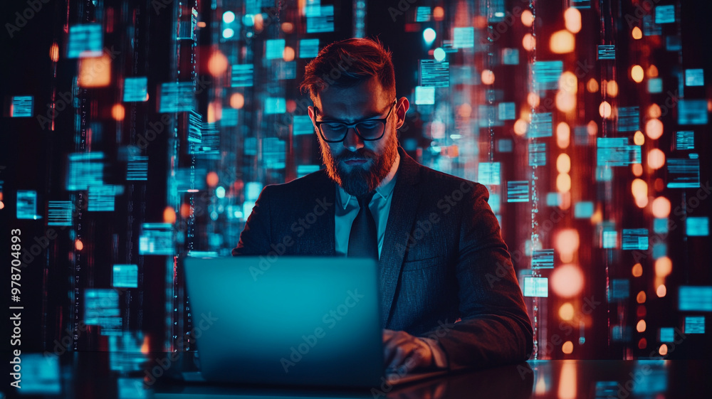 Professional man working on a laptop surrounded by glowing data and technology at night Professional man working on a laptop surrounded by glowing data and technology at night