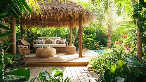 Serene outdoor living space with tropical foliage, a cozy hut, and comfortable seating perfect for relaxation.