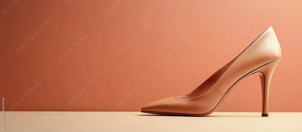 Tan High-Heel Pump on a Wooden Surface On Orange Background. Shoe For Women. Generate Ai Image Tan High-Heel Pump on a Wooden Surface On Orange Background. Shoe For Women. Generate Ai Image