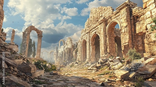 Stunning landscape of ancient ruins, featuring majestic arches and stone walls under a dramatic sky, evoking a sense of history. photo