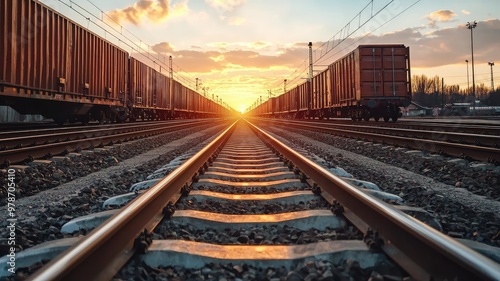 Stunning view of train tracks leading to a sunset, showcasing the beauty of railway transportation and evening sky. photo