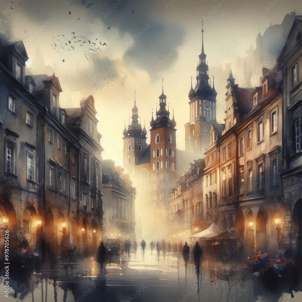 Obraz premium A dreamy view of a historic city street at dusk, with elegant architecture and warm lights.