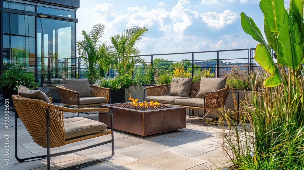 Stylish outdoor patio featuring cozy seating, fire pit, and lush greenery, perfect for relaxation and social gatherings. Stylish outdoor patio featuring cozy seating, fire pit, and lush greenery, perfect for relaxation and social gatherings.