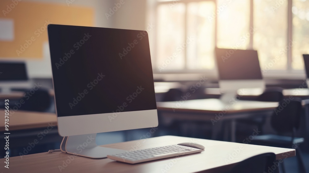 A computer setup in a classroom, emphasizing technology in education. A computer setup in a classroom, emphasizing technology in education.