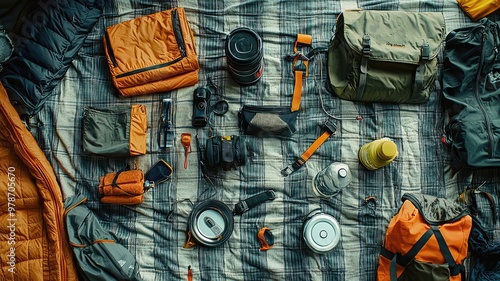 Top view of essential outdoor gear and equipment organized on a plaid blanket, perfect for adventure enthusiasts. photo