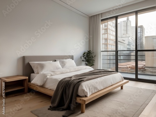 Minimalist Bedroom with Wooden Bed, Grey Blanket, and City View