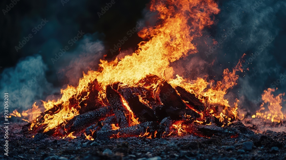 Vibrant flames consume logs in a dramatic display of fire, illuminating the night with bright orange and yellow hues.