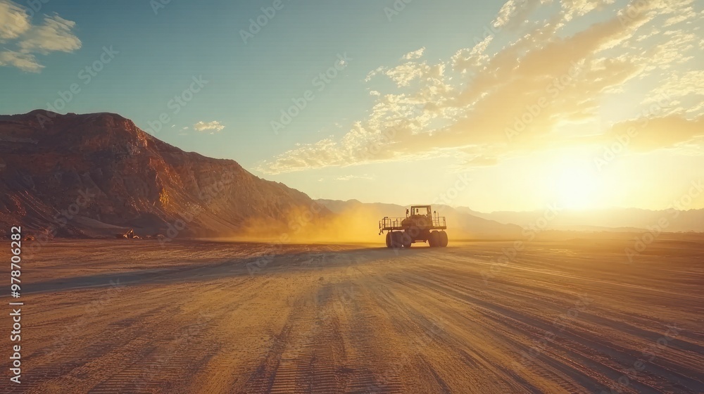 A vehicle working in a dusty landscape during sunset, highlighting industrial activity. A vehicle working in a dusty landscape during sunset, highlighting industrial activity.