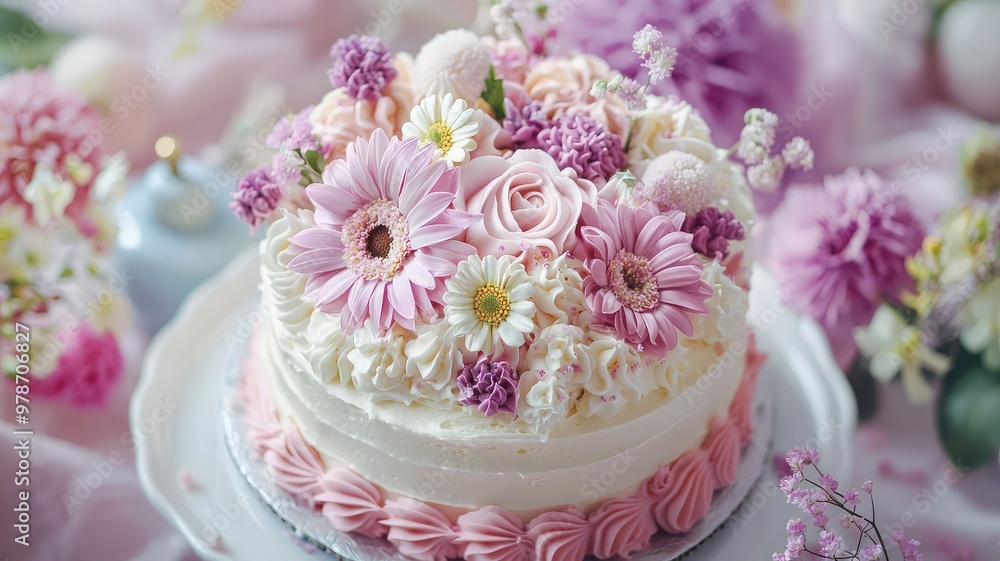 A beautiful cake adorned with pink flowers, ideal for celebrations and special occasions, showcasing elegance and sweetness. A beautiful cake adorned with pink flowers, ideal for celebrations and special occasions, showcasing elegance and sweetness.
