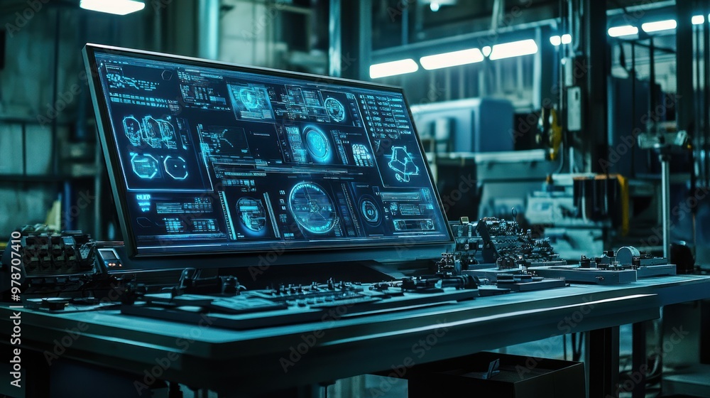 Obraz premium A high-tech workstation displaying complex data and controls in an industrial setting.