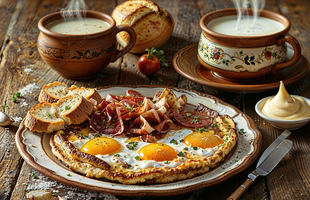 Breakfast with omelette, bacon and eggs on rustic wooden background. Breakfast with omelette, bacon and eggs on rustic wooden background.