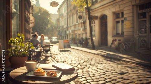 A table with a plate of food and a cup of coffee on it photo