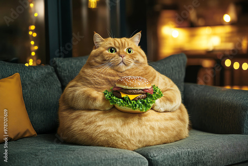 fat cat with fast food burger on sofa, AI generated photo