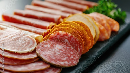 Assorted tofubased deli meats on a display platter, processed plantbased food, clean industrial feel photo