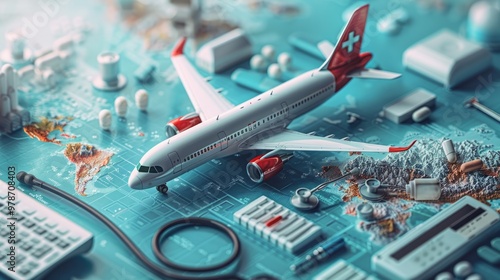 concept of medical tourism, graphic of airplane and stethoscope with medical elements presented in isometric photo