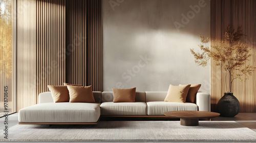 Modern Living Room Interior Design with Wooden Accents and Beige Sofa - 3D Illustration