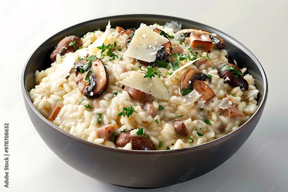 A bowl of risotto with mushrooms Parmesan cheese and herbs isolated on a clean background A bowl of risotto with mushrooms Parmesan cheese and herbs isolated on a clean background