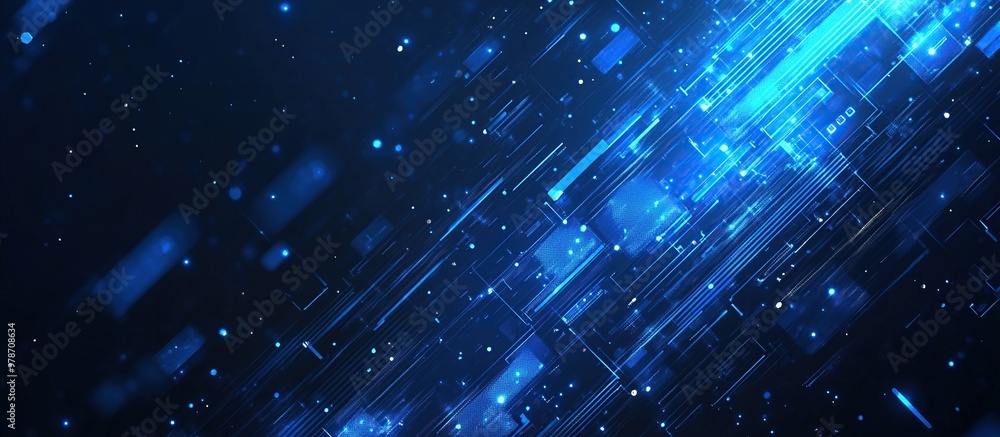 Obraz premium Abstract Blue Lines and Glowing Lights on a Dark Background. Blue Abstract Background, Technology Hi-Tech Futuristic Template. Vector illustration. Generate Ai Image