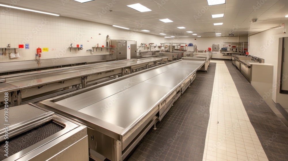 Fototapeta premium A clean, sterile kitchen space with stainless steel surfaces and equipment for food preparation.