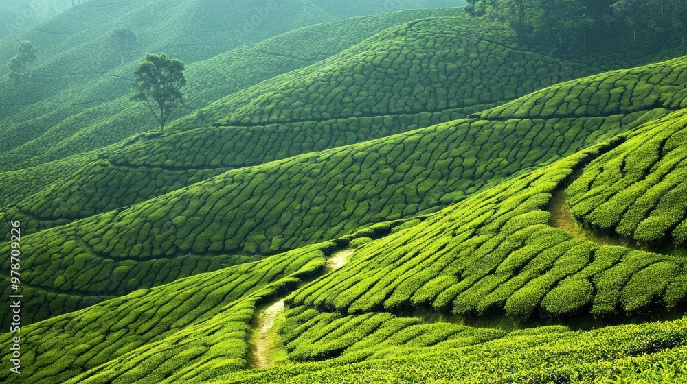 Obraz premium Lush green tea plantation hills with winding paths under a serene sky.