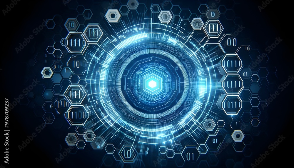 Obraz premium Creative blue hexagonal background with binary code. Technology, design and landing page concept. 3D Rendering.