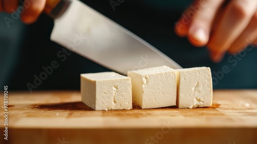 Organic tofu being sliced with precision by chef s knife, focus on textures and clean lines, professional kitchen setting photo