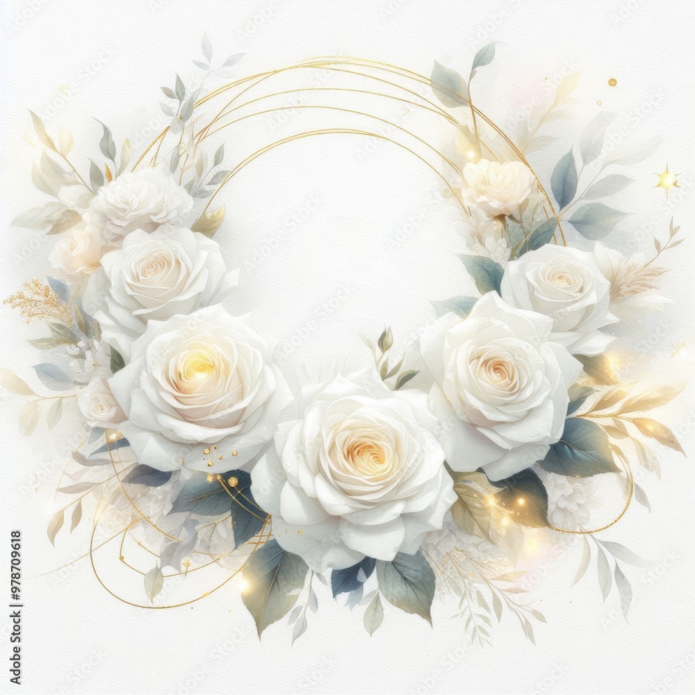 Elegant white rose floral arrangement with golden accents, creating a serene atmosphere. Elegant white rose floral arrangement with golden accents, creating a serene atmosphere.
