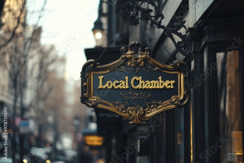 A vintage-style signboard with ornate gold detailing, featuring 