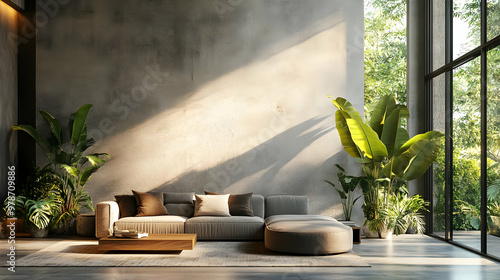 Modern Living Room with Grey Sofa, Large Windows, and Green Plants - 3D Illustration