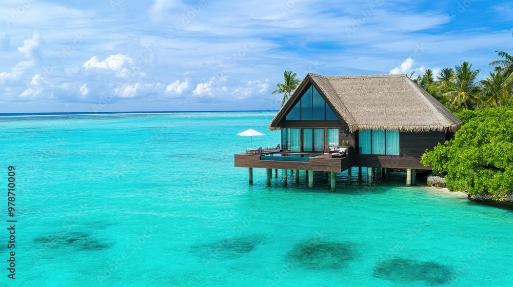 An overwater villa with a thatched roof, surrounded by turquoise waters in the Maldives. An overwater villa with a thatched roof, surrounded by turquoise waters in the Maldives.