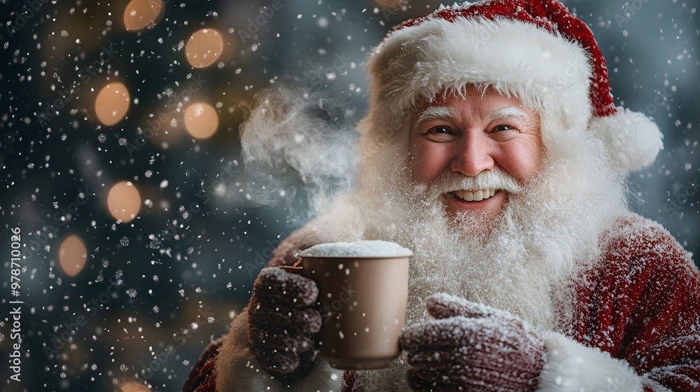 28. Santa Claus smiling warmly while holding a steaming cup of cocoa snow falling in the background 28. Santa Claus smiling warmly while holding a steaming cup of cocoa snow falling in the background