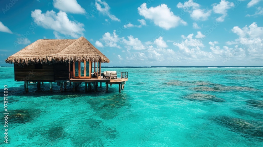 An overwater villa with a thatched roof, surrounded by turquoise waters in the Maldives. An overwater villa with a thatched roof, surrounded by turquoise waters in the Maldives.
