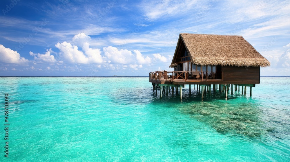 An overwater villa with a thatched roof, surrounded by turquoise waters in the Maldives. An overwater villa with a thatched roof, surrounded by turquoise waters in the Maldives.