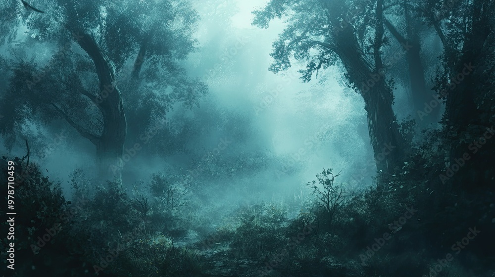 Atmospheric forest scene with dense fog rolling through the trees, creating a moody, mysterious vibe Atmospheric forest scene with dense fog rolling through the trees, creating a moody, mysterious vibe