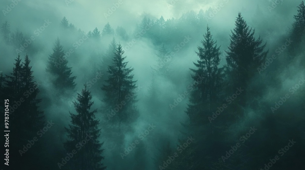 Atmospheric forest scene with dense fog rolling through the trees, creating a moody, mysterious vibe Atmospheric forest scene with dense fog rolling through the trees, creating a moody, mysterious vibe