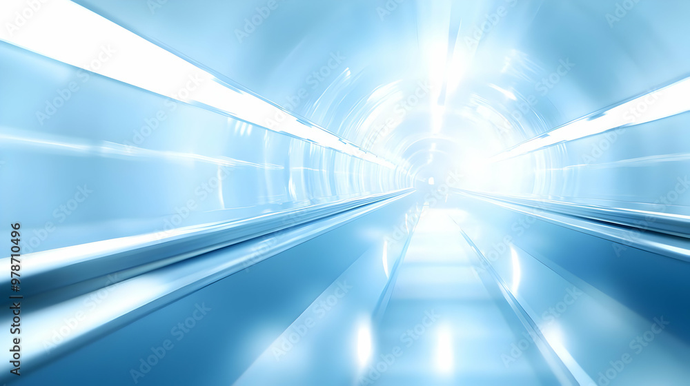 Fototapeta premium Abstract Tunnel Background with Bright Light and Smooth Metal, Futuristic Modern, Concept of Progress and Hope, Empty Tunnel, Clean and Minimalist Design, Abstract Blue