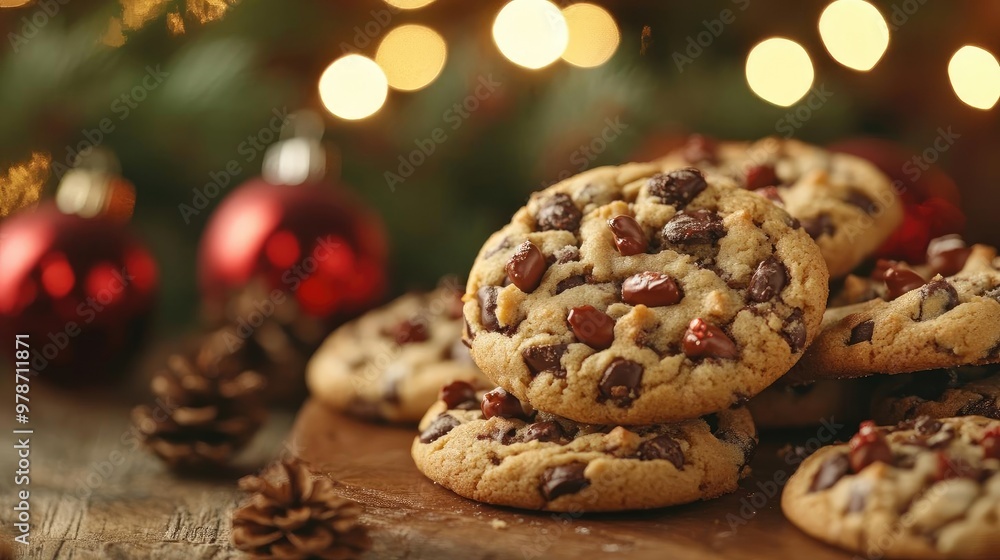 Delicious chocolate chip cookies decorated for the holiday season, perfect for festive gatherings and sweet treats. Delicious chocolate chip cookies decorated for the holiday season, perfect for festive gatherings and sweet treats.