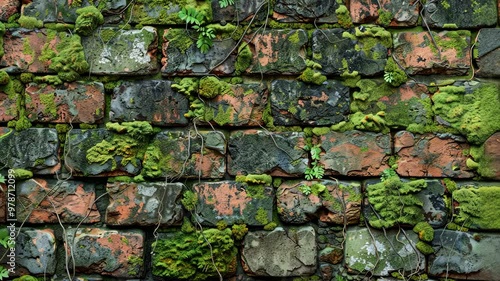 Exploring a weathered brick wall covered in moss and vines in an overgrown urban setting during the late afternoon photo