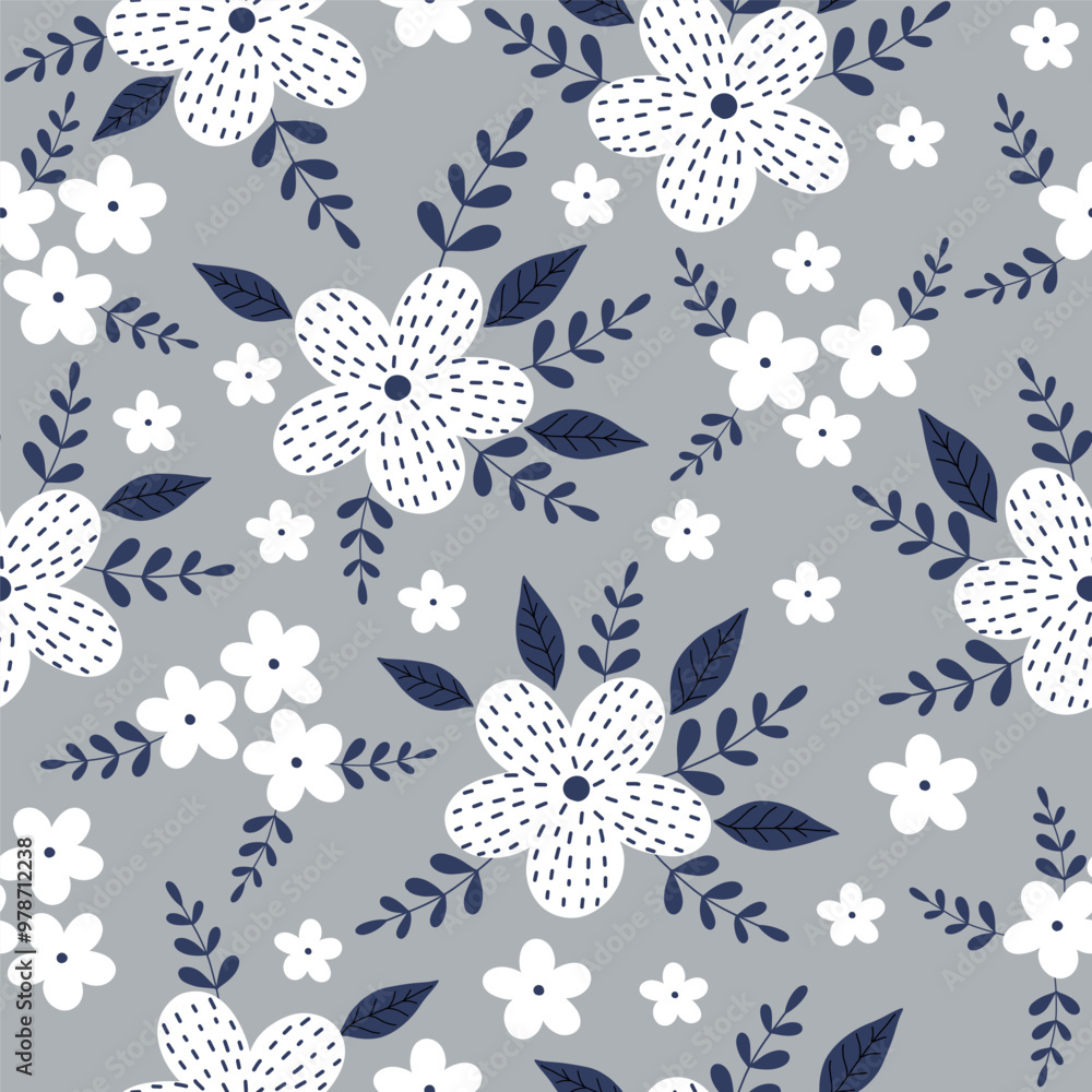 Seamless pattern with white flowers on gray background. Hand drawn floral pattern for your fabric, summer background, wallpaper, backdrop, textile. Vector illustration Seamless pattern with white flowers on gray background. Hand drawn floral pattern for your fabric, summer background, wallpaper, backdrop, textile. Vector illustration
