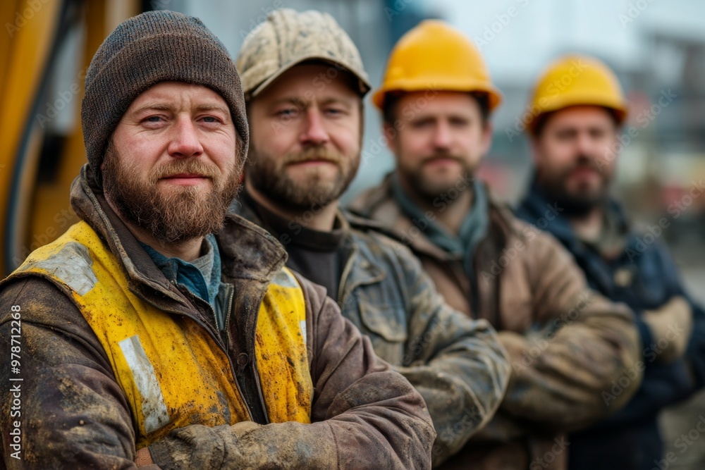 A group of rugged construction workers, dressed in worn, heavy-duty jackets A group of rugged construction workers, dressed in worn, heavy-duty jackets