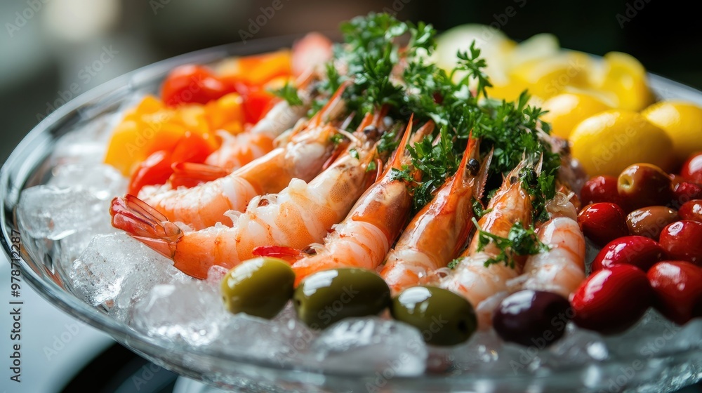 Chilled seafood platter on a glass plate, featuring shrimp, olives, and vegetables served over ice Chilled seafood platter on a glass plate, featuring shrimp, olives, and vegetables served over ice